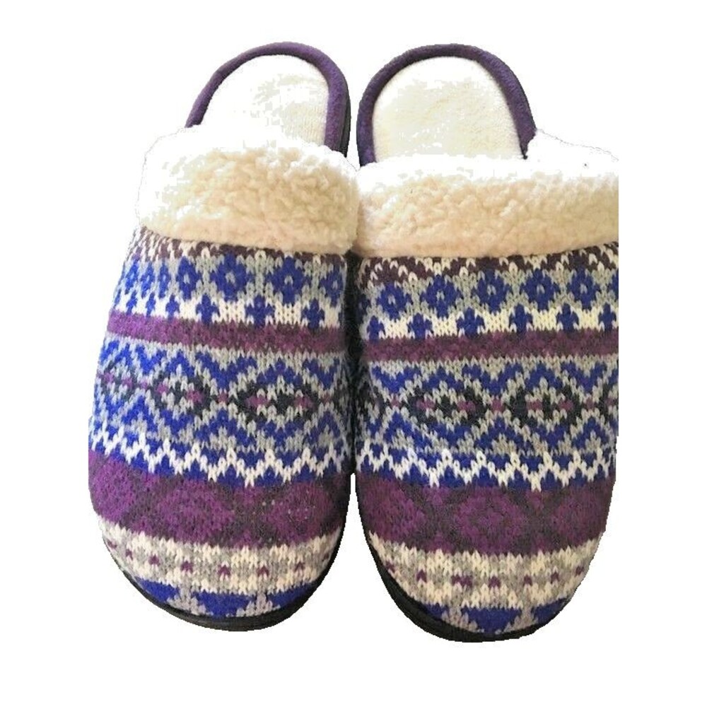 Isotoner Slippers Womens Purple Fair Isle Mules Clogs Slides New Size 7.5-8